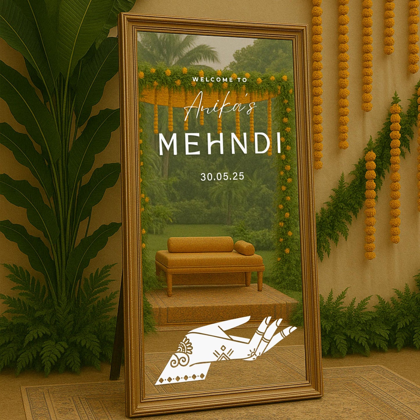 Personalised Mehndi Welcome Vinyl Sticker  Elegant Henna Palm Design, Custom Name & Date, Mirror or Sign Decal, Mehndi Party Decor