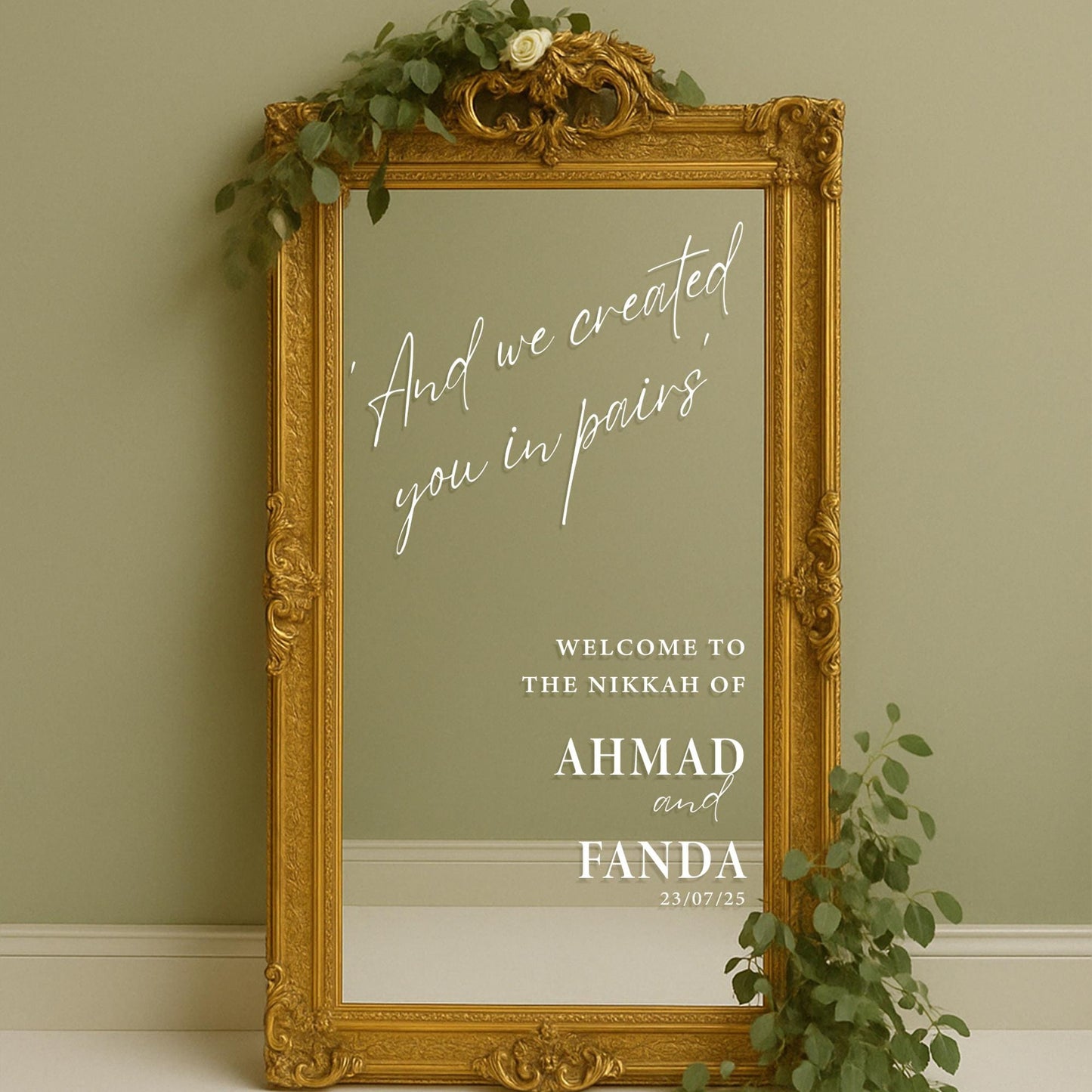 Personalised Nikkah Welcome Vinyl Sticker - ‘And We Created You In Pairs | Modern Script Islamic Wedding Decal | Custom Muslim Wedding Sign