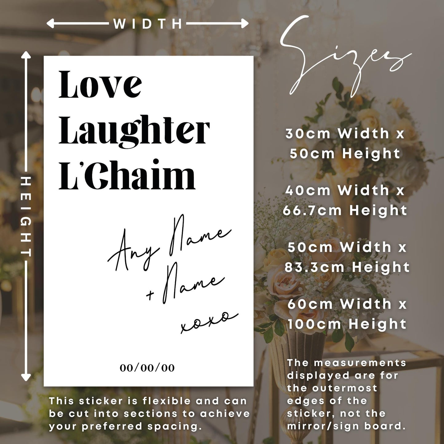 Personalised Jewish Wedding Vinyl Sticker | “Love, Laughter, LChaim Mirror Decal | Custom Wedding Sign Decor for Jewish Celebrations