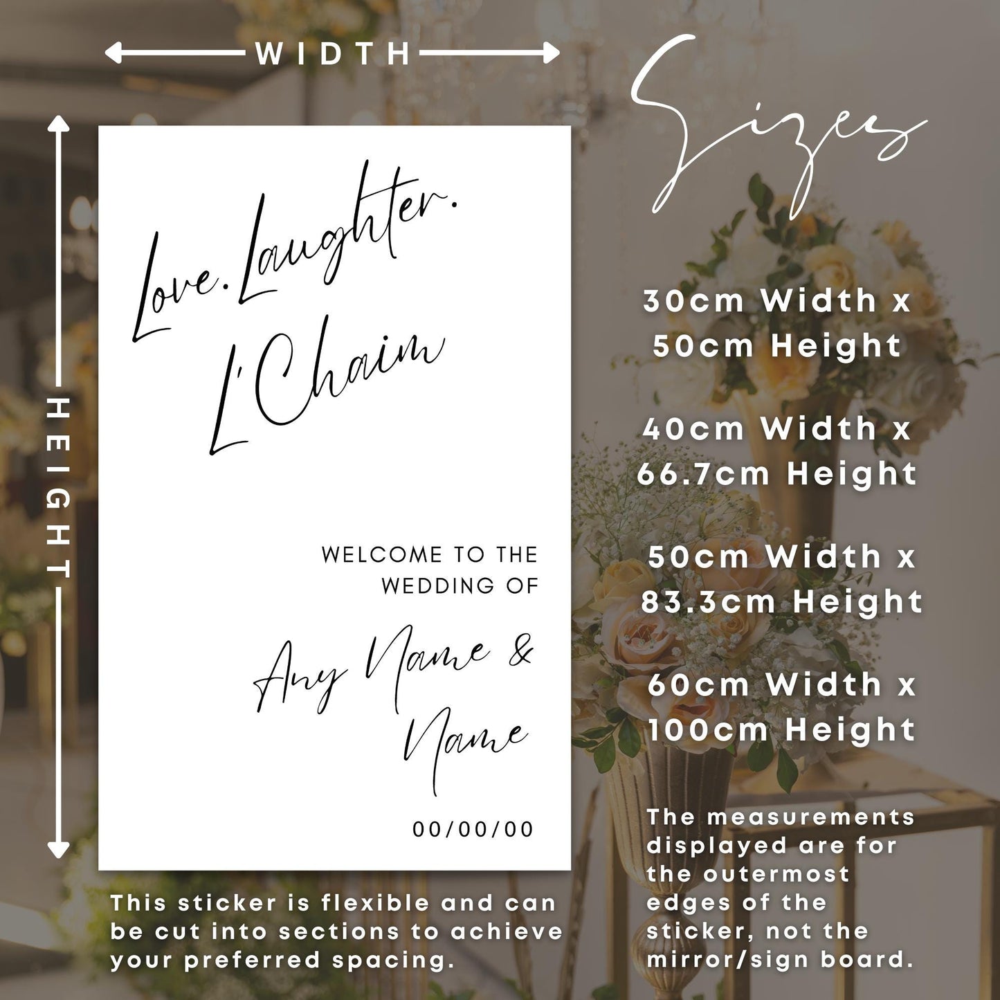 Personalised Jewish Wedding Vinyl Sticker | “Love. Laughter. LChaim Script Mirror Decal | Custom Welcome Sign for Weddings & Engagements