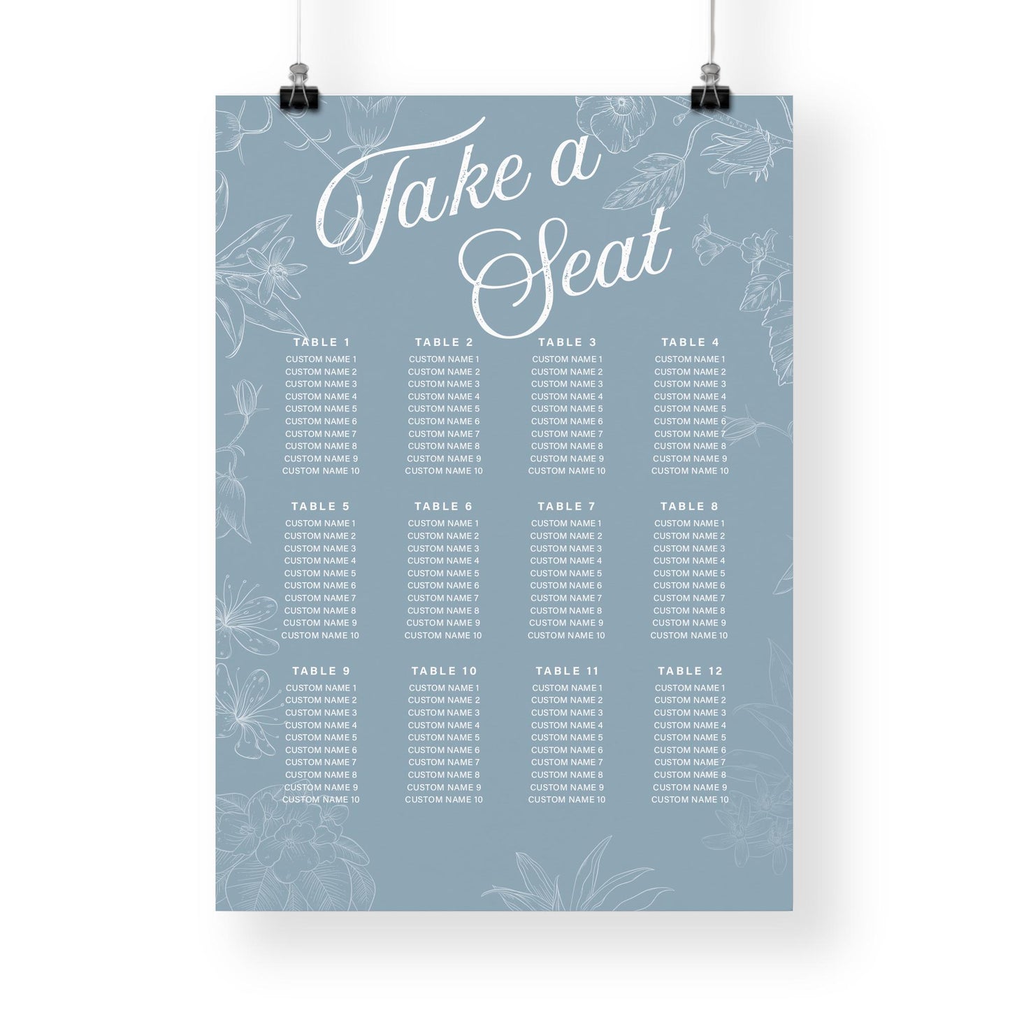 Personalised Wedding Seating Plan Sign | Take a Seat  Blue Floral Print | Custom Table Chart for 512 Tables, Elegant Wedding Sign Poster