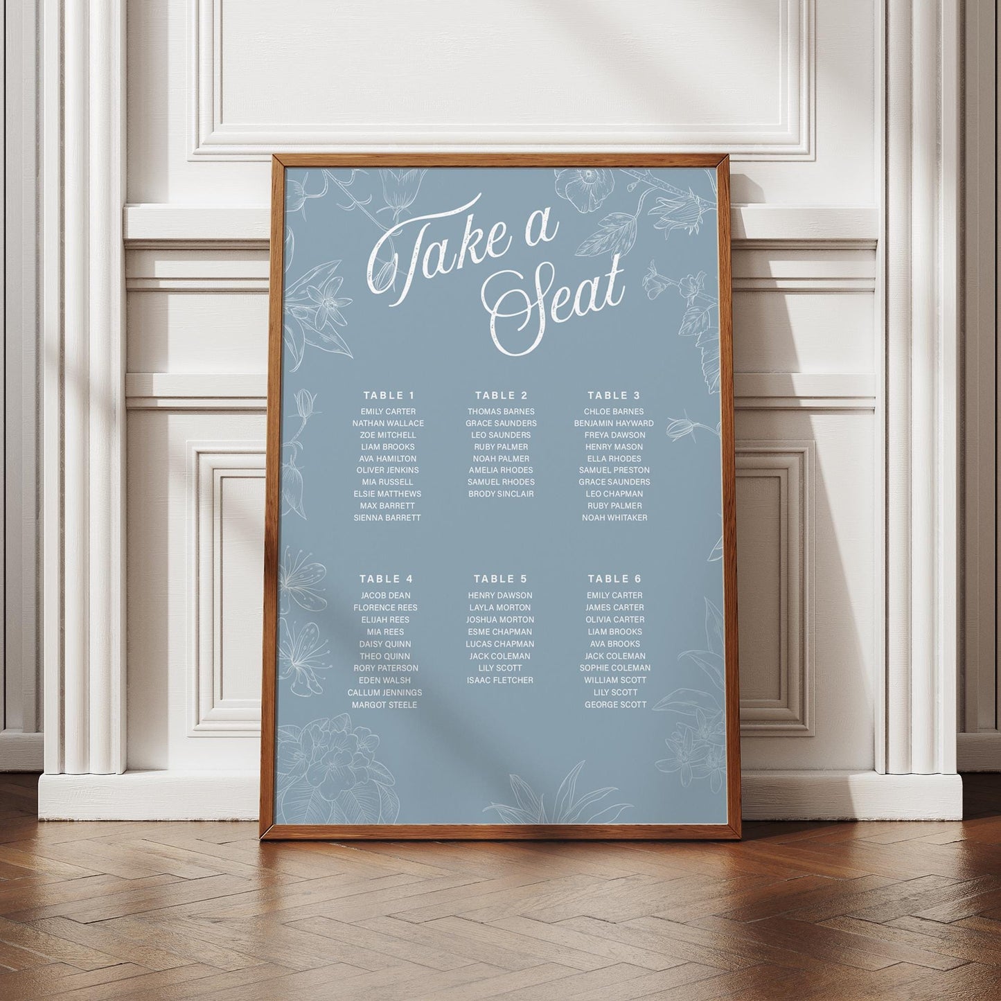 Personalised Wedding Seating Plan Sign | Take a Seat  Blue Floral Print | Custom Table Chart for 512 Tables, Elegant Wedding Sign Poster