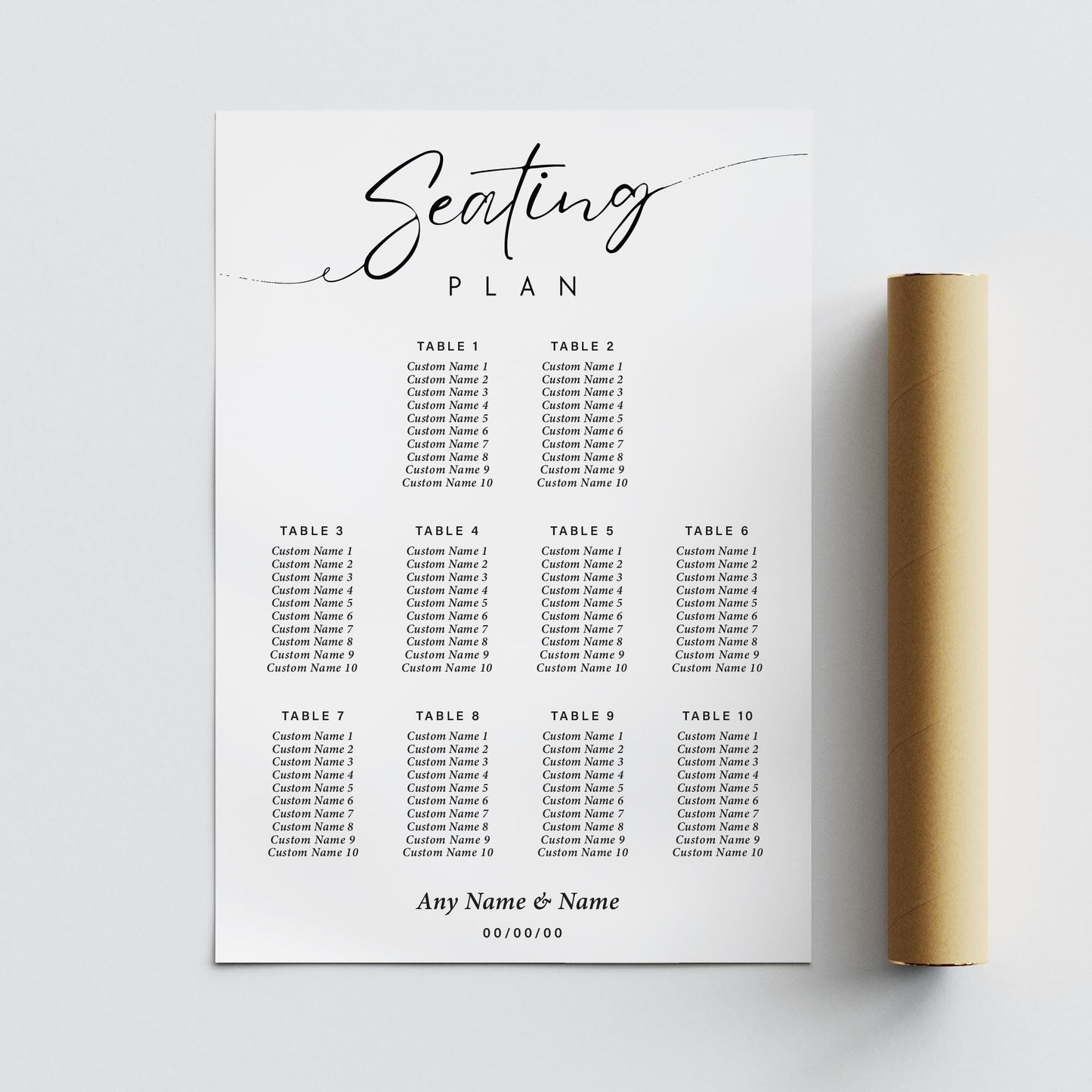 Personalised Wedding Seating Plan Sign | Minimal Black & White Theme Seating Table Chart for 512 Tables | Custom Wedding Decor