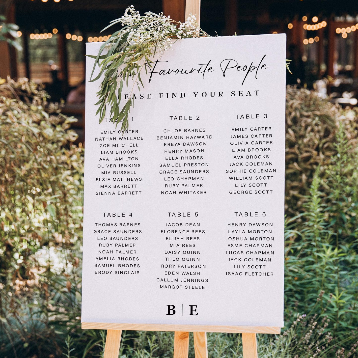 Personalised Wedding Seating Plan Sign | Our Favourite People Table Chart Print for 512 Tables | Modern Black & White Wedding Decor