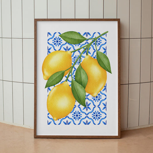Lemon Wall Art Print | Amalfi Coast Kitchen Decor, Mediterranean Blue Tile Poster, Italian Fruit Illustration, Summer Aesthetic Home Decor
