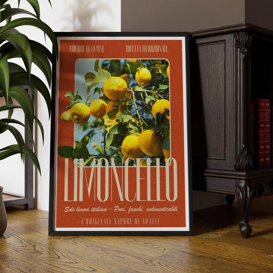Vintage Limoncello Poster | Italian Lemon Tree Print, Amalfi Coast Citrus Wall Art, Rustic Red Limoncello Kitchen Decor, Summer Aesthetic