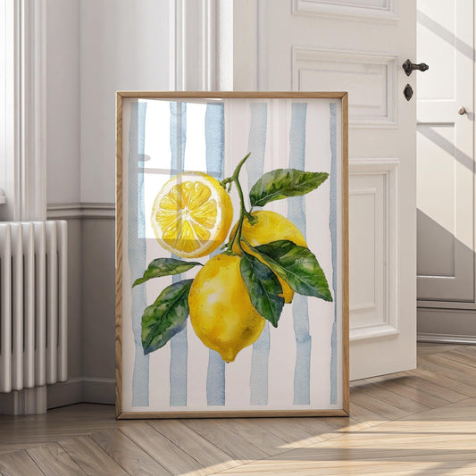 Watercolour Lemon Print | Italian Fruit Wall Art with Blue Stripes, Mediterranean Kitchen Decor, Coastal Botanical Poster, Summer Aesthetic