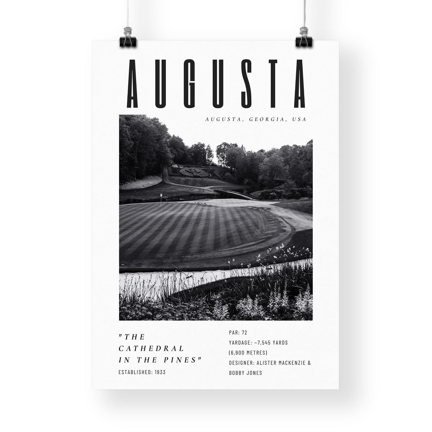 Augusta Golf Course Poster  Black & White Wall Art | Augusta National Golf Print | Golf Gift for Him | Golf Decor | The Masters Art Print