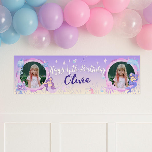 Personalised Mermaid Birthday Banner for Girls  Custom Name, Age & Photo | Under the Sea Theme Party Decoration, Birthday Decor for Kids