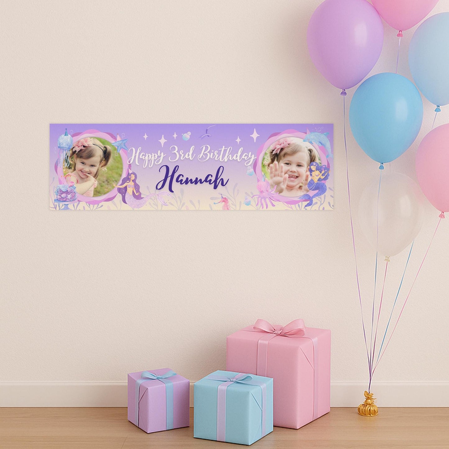 Personalised Mermaid Birthday Banner for Girls  Custom Name, Age & Photo | Under the Sea Theme Party Decoration, Birthday Decor for Kids