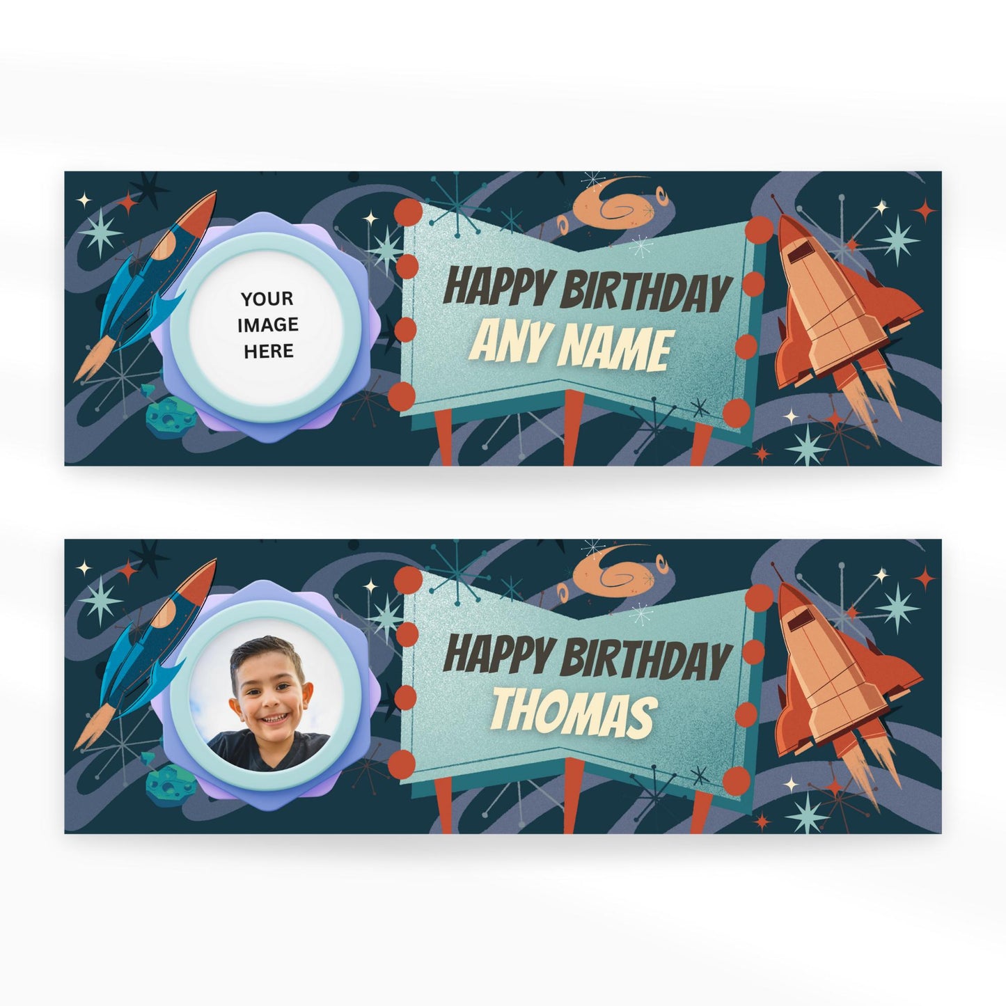 Personalised Space Birthday Banner  Rocket & Galaxy Theme with Custom Name and Photo | Outer Space Party Decoration, Party Decor for Kids
