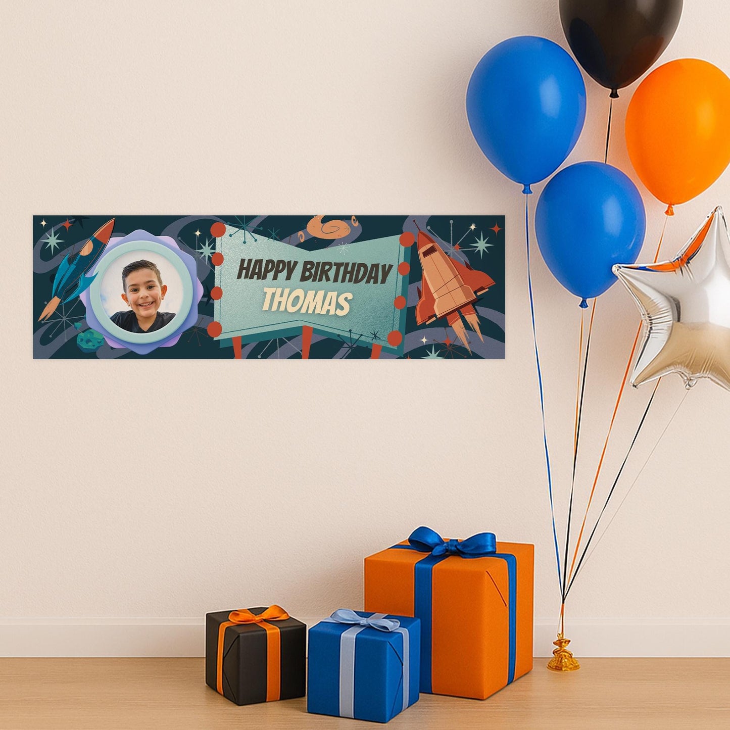 Personalised Space Birthday Banner  Rocket & Galaxy Theme with Custom Name and Photo | Outer Space Party Decoration, Party Decor for Kids