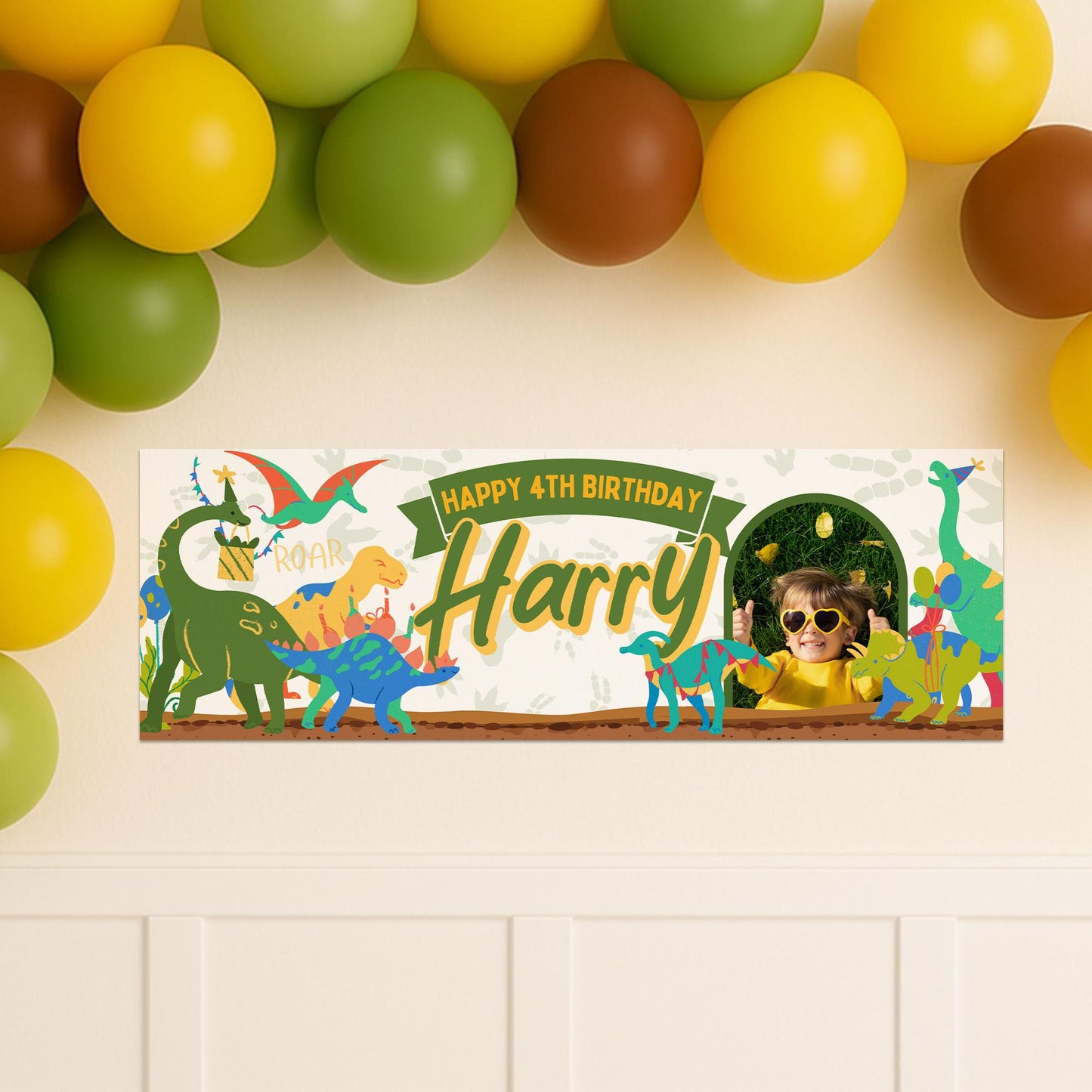 Personalised Dinosaur Birthday Banner  Custom Name & Photo | Colourful Dino Party Decoration, Birthday Banner for Boys Party Decor for Kids