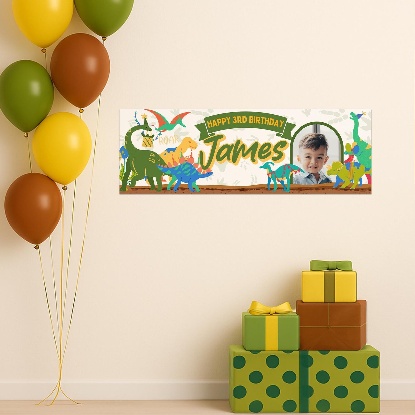 Personalised Dinosaur Birthday Banner  Custom Name & Photo | Colourful Dino Party Decoration, Birthday Banner for Boys Party Decor for Kids
