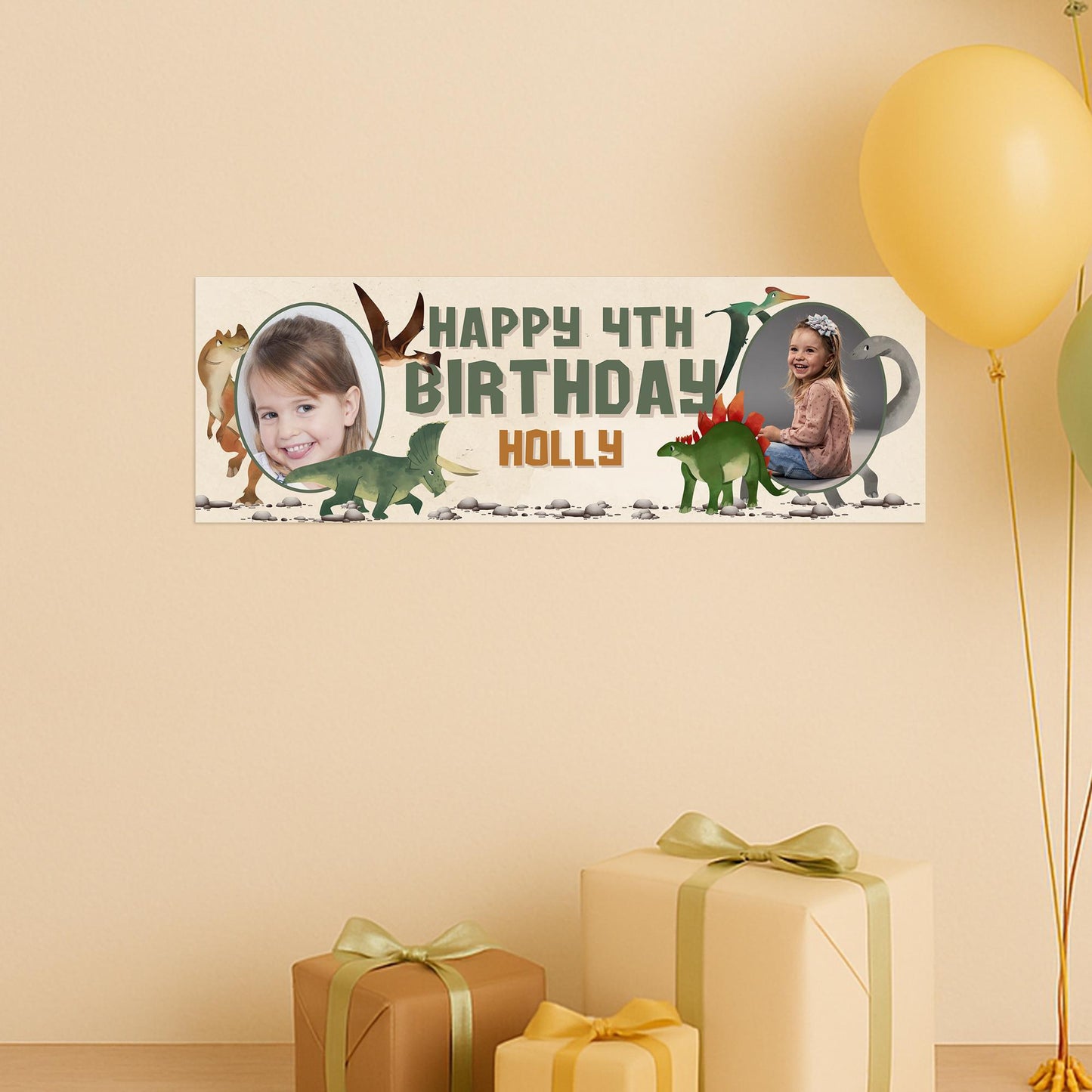 Personalised Dinosaur Birthday Banner  Custom Name & Photo | Colourful Watercolour Kids Dino Party Decoration, Birthday Banner for Boys