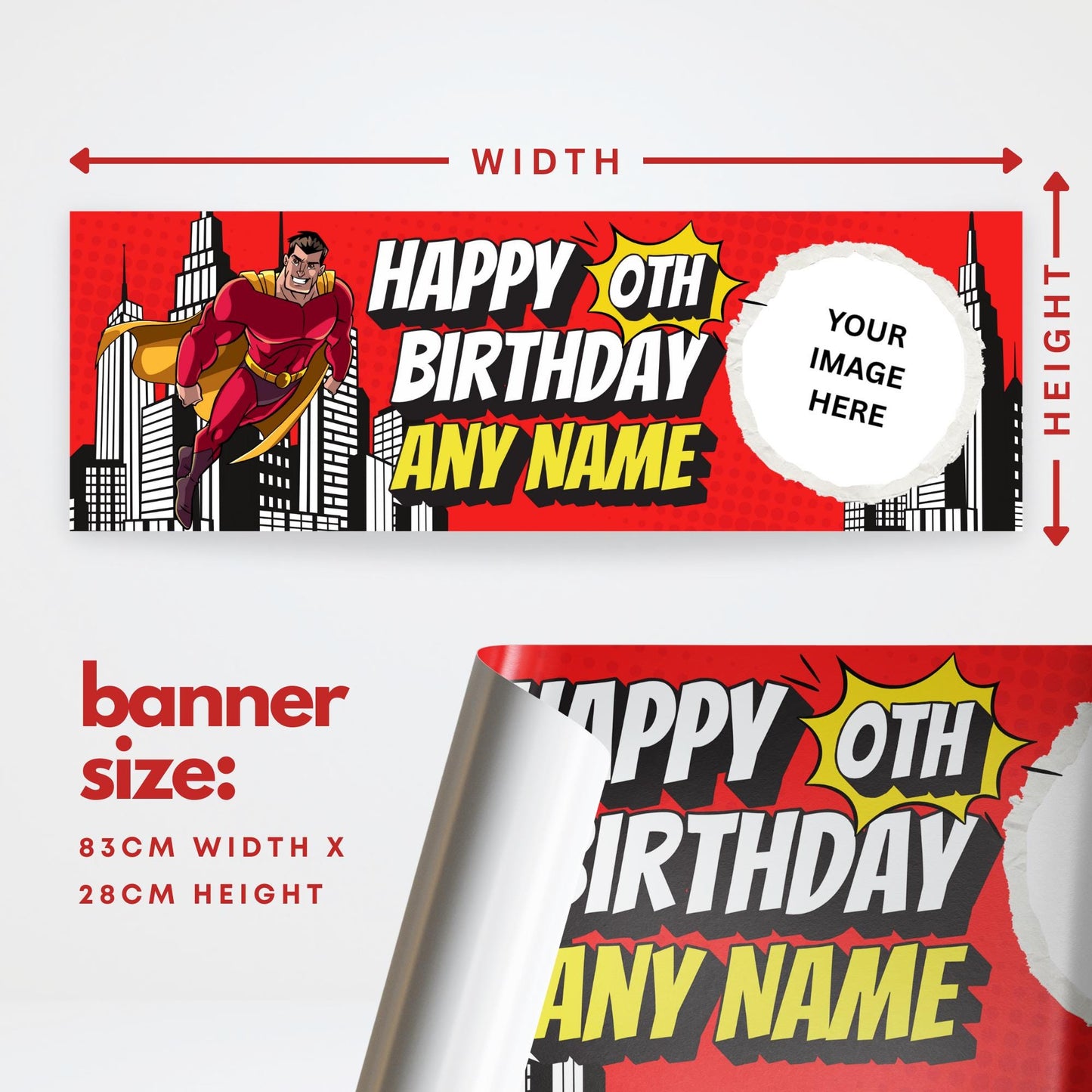 Personalised Superhero Birthday Banner with Photo  Custom Party Decoration for Kids, Red & Yellow Comic Style, Birthday Banner for Boys