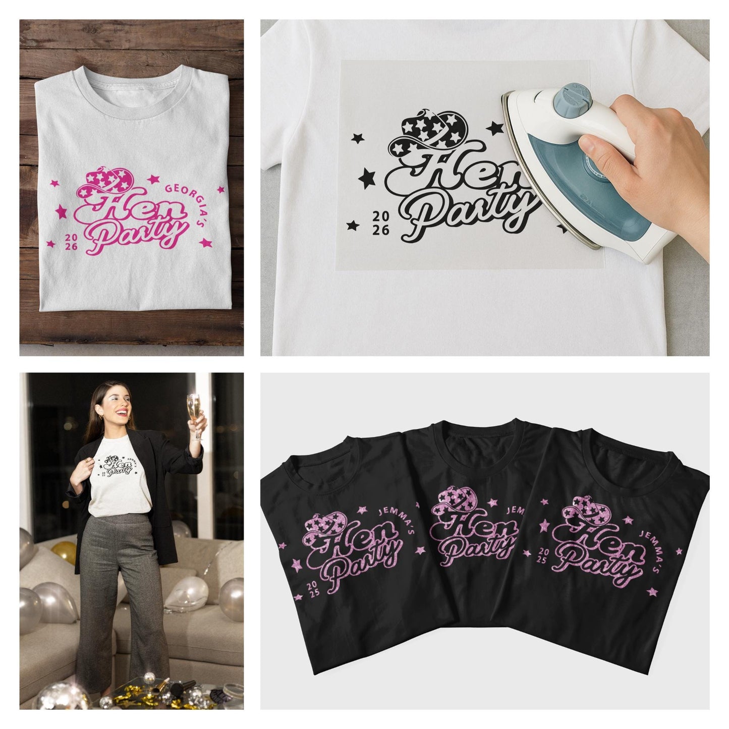 Personalised Hen Party Iron-On Transfer   Cowboy Hat Design | Custom HTV Sticker for Hen Do T-Shirts | Bridal Party Glitter Transfer Vinyl