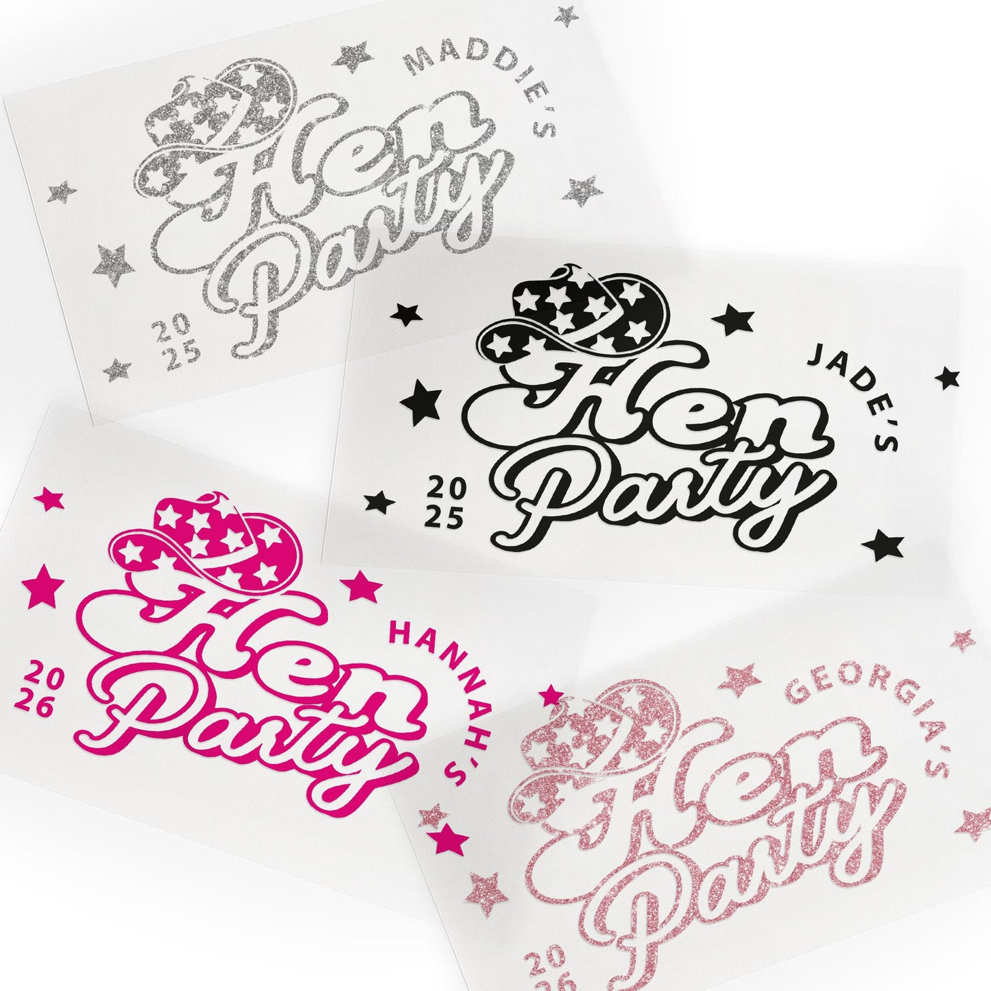 Personalised Hen Party Iron-On Transfer   Cowboy Hat Design | Custom HTV Sticker for Hen Do T-Shirts | Bridal Party Glitter Transfer Vinyl