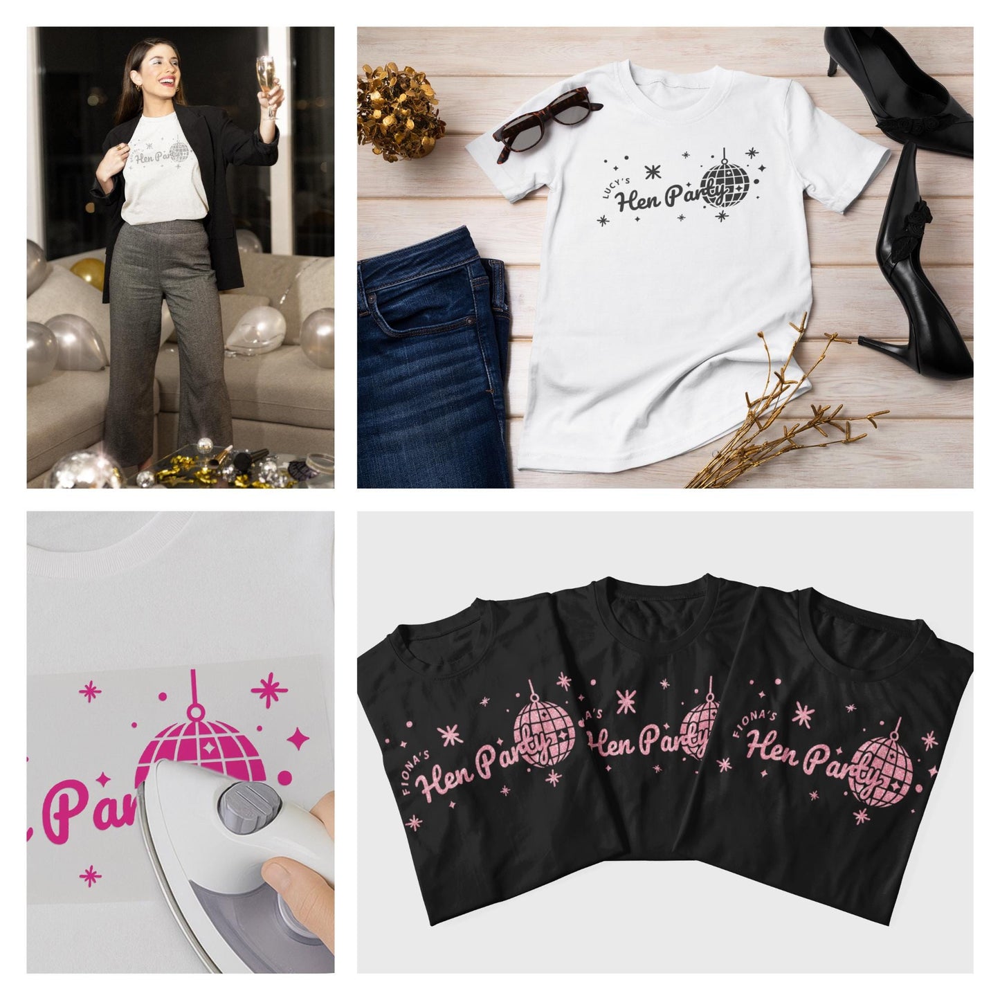 Personalised Hen Do Iron-On Transfer  Hen Party HTV Sticker | Custom Disco Ball Hen Do Heat Transfer Vinyl, Bridal Party Glitter Labels