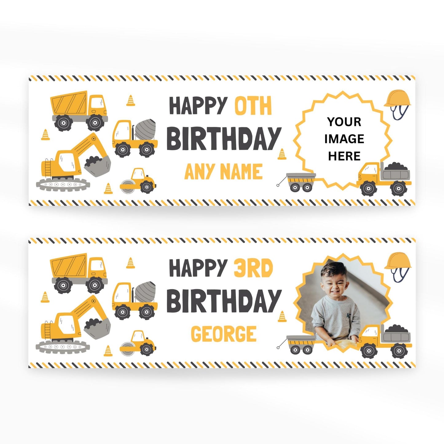 Personalised Construction Birthday Banner | Custom Name & Age, Photo | Kids Party Decoration  Yellow Digger Theme | Party Decor for Kids