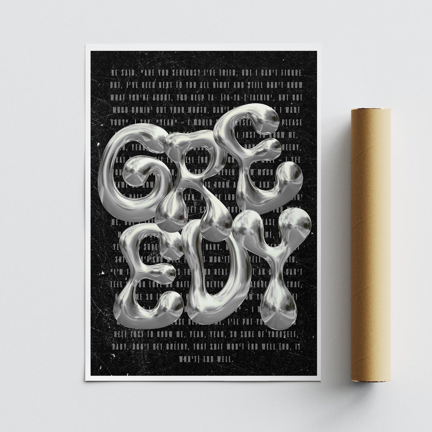 Greedy - Poster | Metallic Chrome Typography Print  Bold Pop Lyric Poster for Music Lovers, Song Quote, Edgy Poster Gift, Home Decor