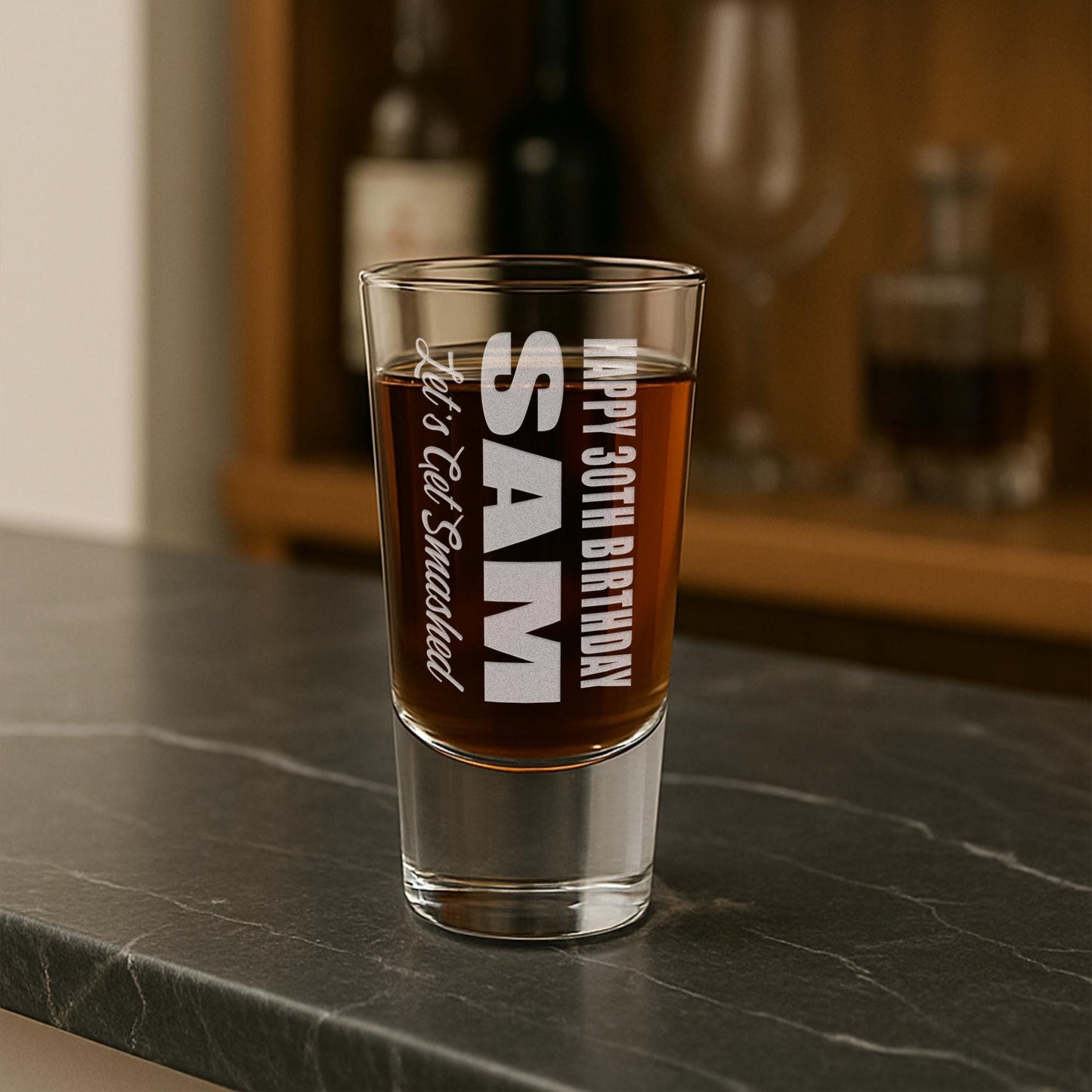 Personalised Birthday Shot Glass |  “Lets Get Smashed  Custom Engraved Name & Age Present | Milestone Birthday Gift for Him or Her