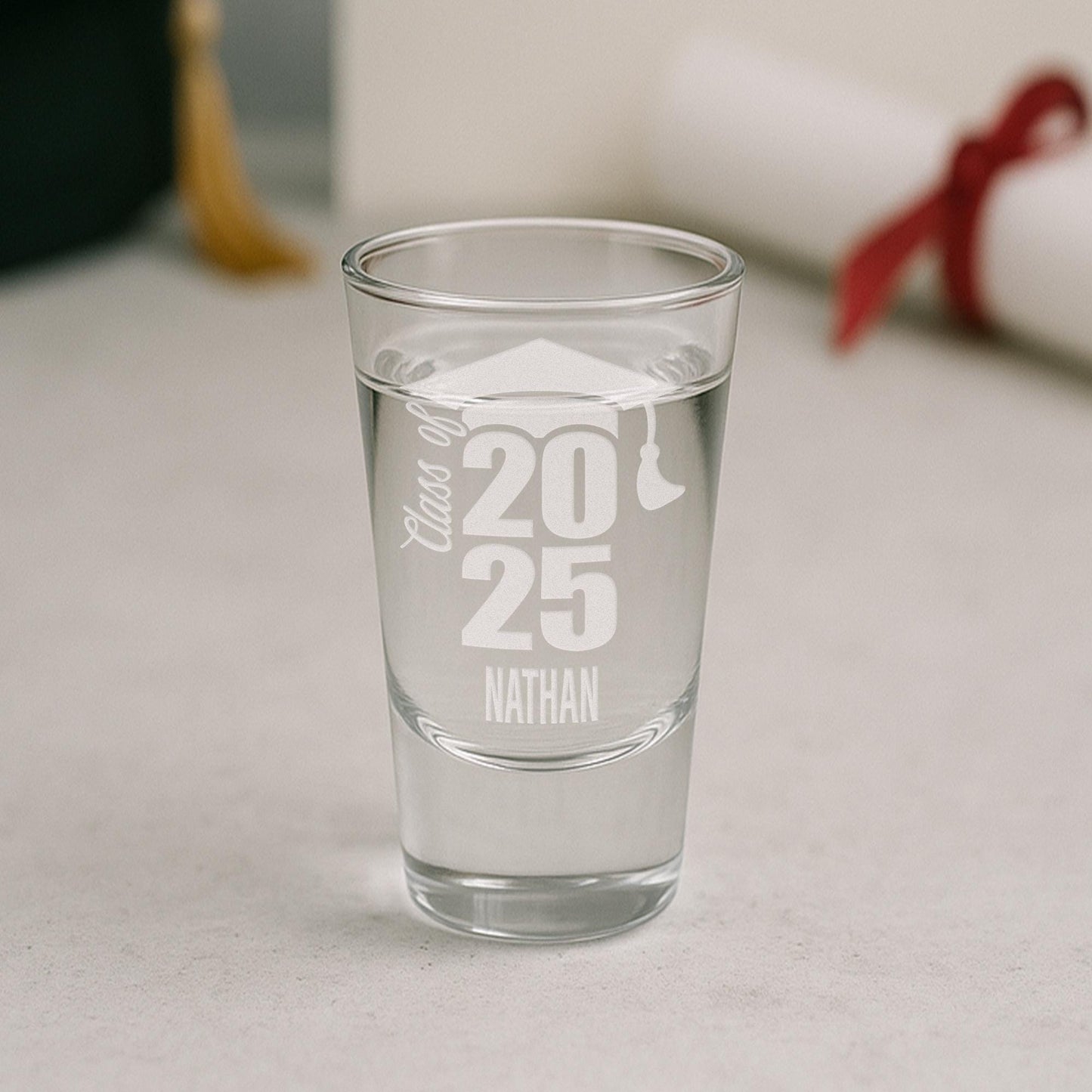 Personalised Graduation Shot Glass | “Class of [YEAR] Name & Grad Cap | Custom Gift for Graduates | Congratulations Gift for Him or Her