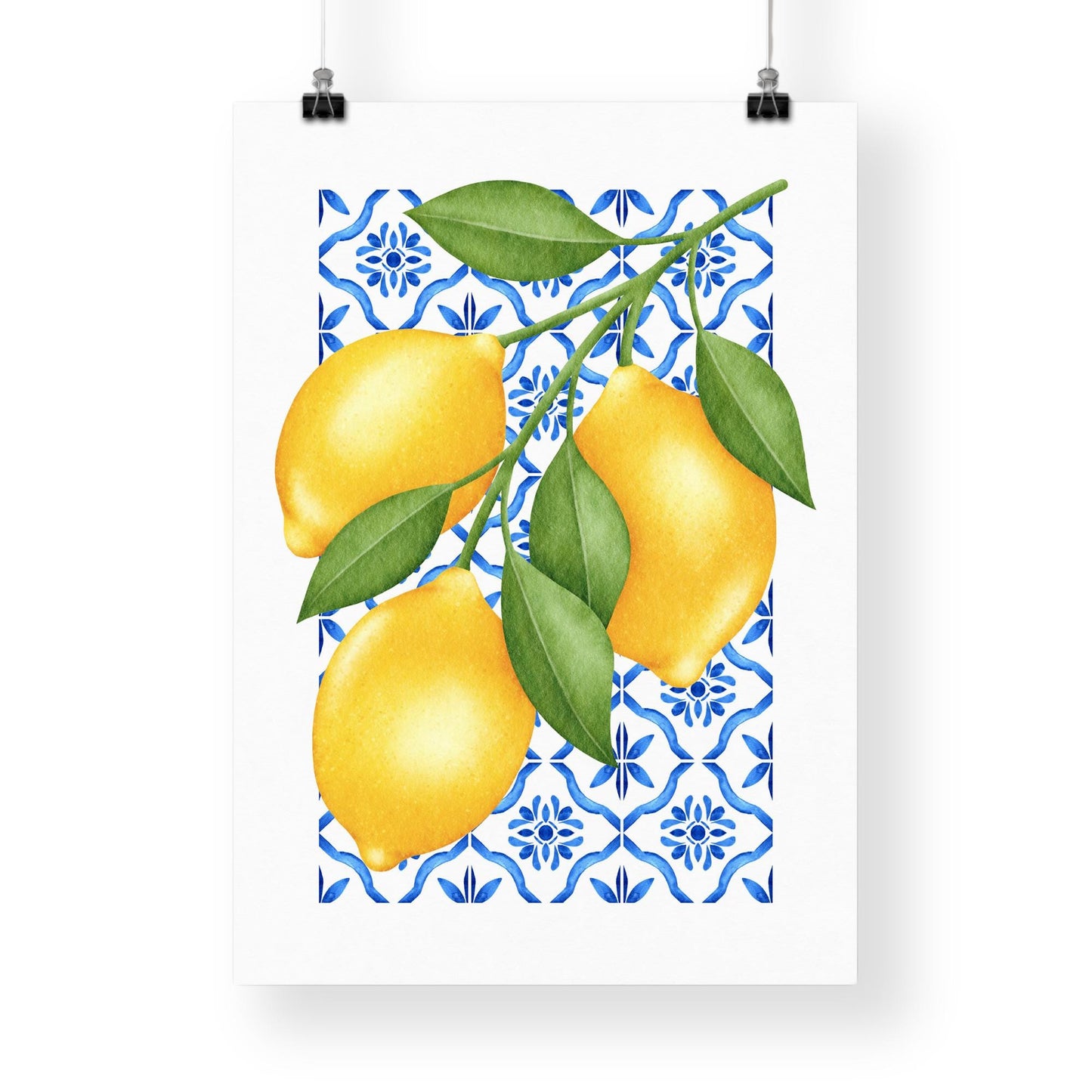 Lemon Wall Art Print | Amalfi Coast Kitchen Decor, Mediterranean Blue Tile Poster, Italian Fruit Illustration, Summer Aesthetic Home Decor