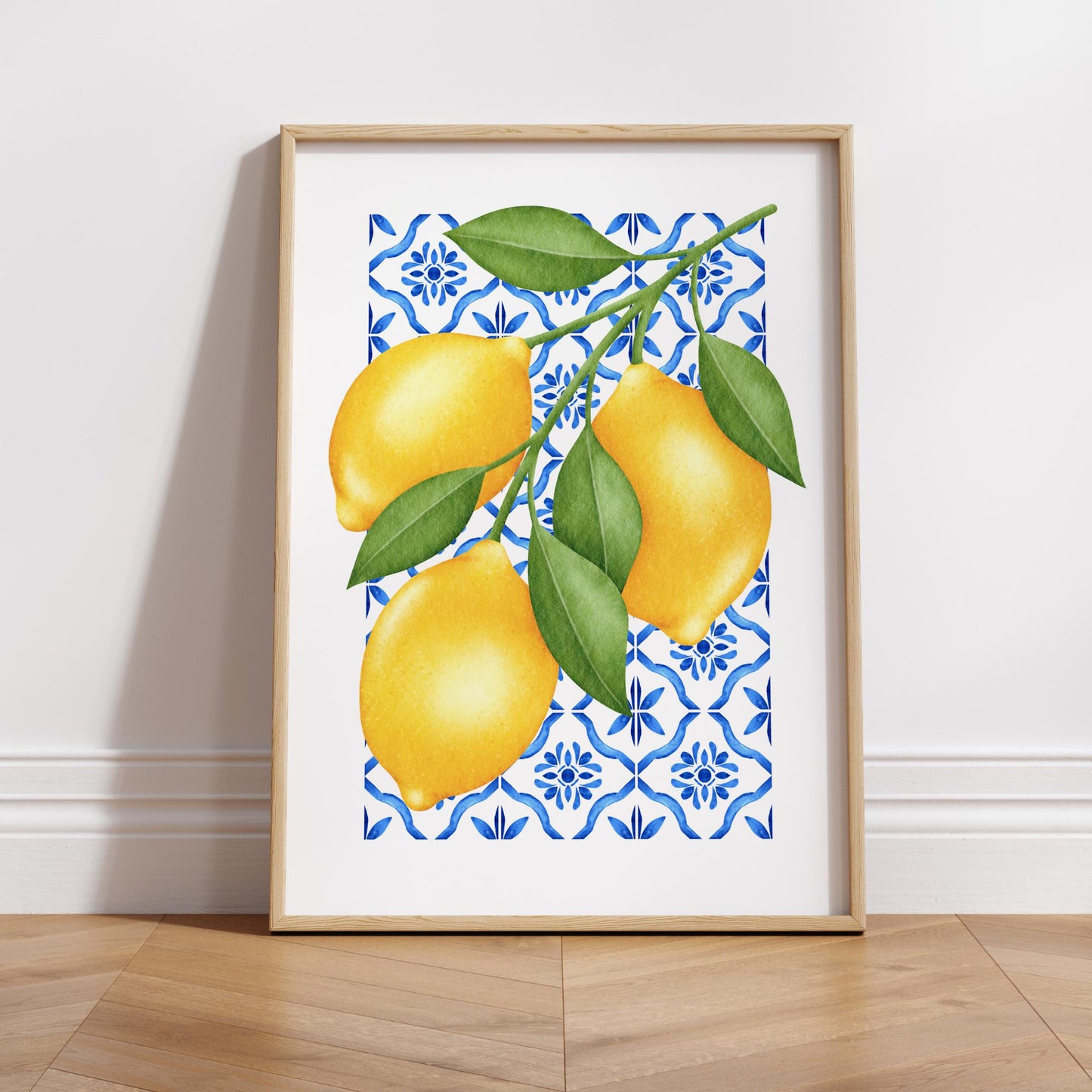 Lemon Wall Art Print | Amalfi Coast Kitchen Decor, Mediterranean Blue Tile Poster, Italian Fruit Illustration, Summer Aesthetic Home Decor