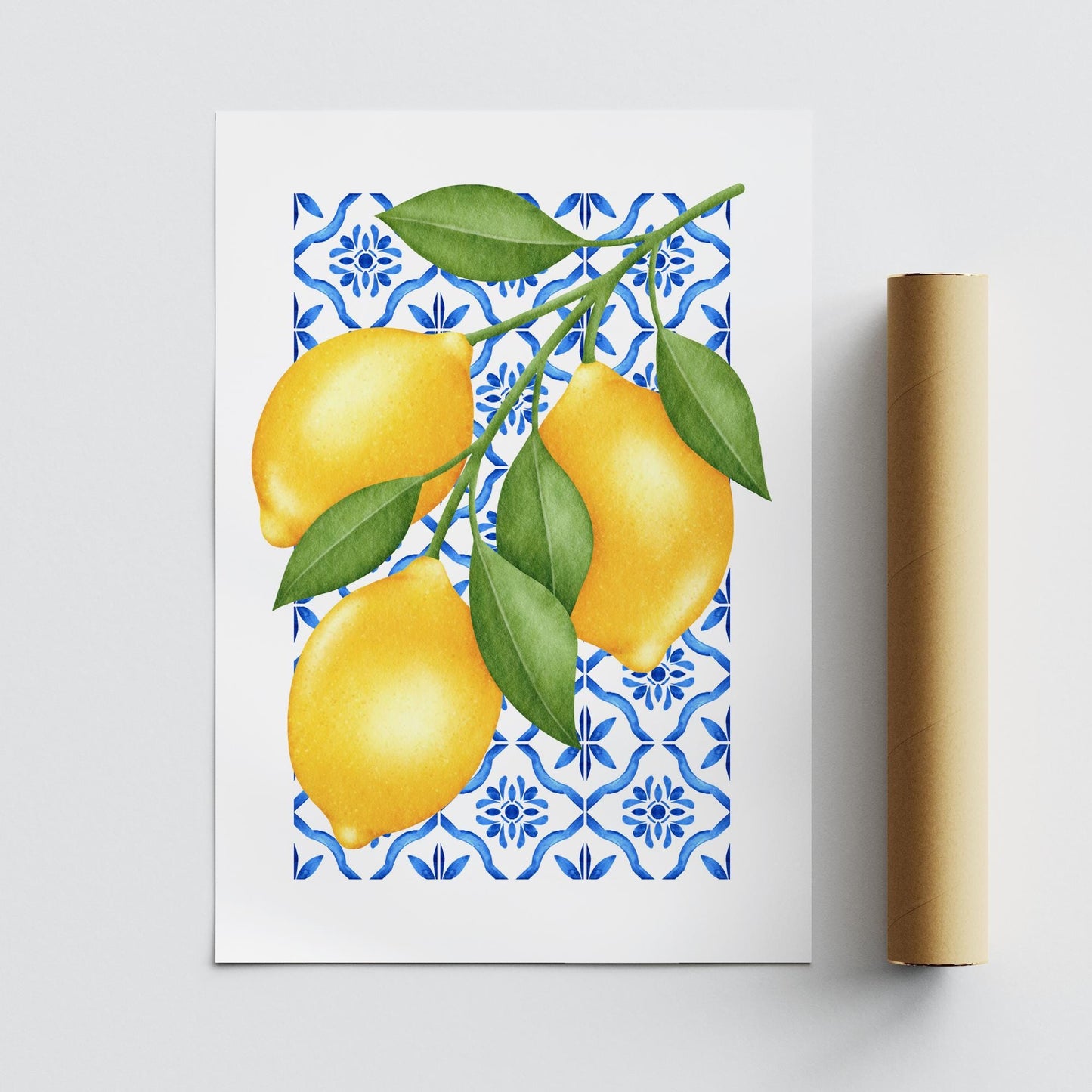 Lemon Wall Art Print | Amalfi Coast Kitchen Decor, Mediterranean Blue Tile Poster, Italian Fruit Illustration, Summer Aesthetic Home Decor