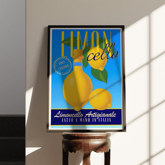 Vintage Limoncello Poster | Italian Kitchen Wall Art Print, Amalfi Coast Citrus Home Decor, Retro Blue Bottle Illustration, Summer Aesthetic