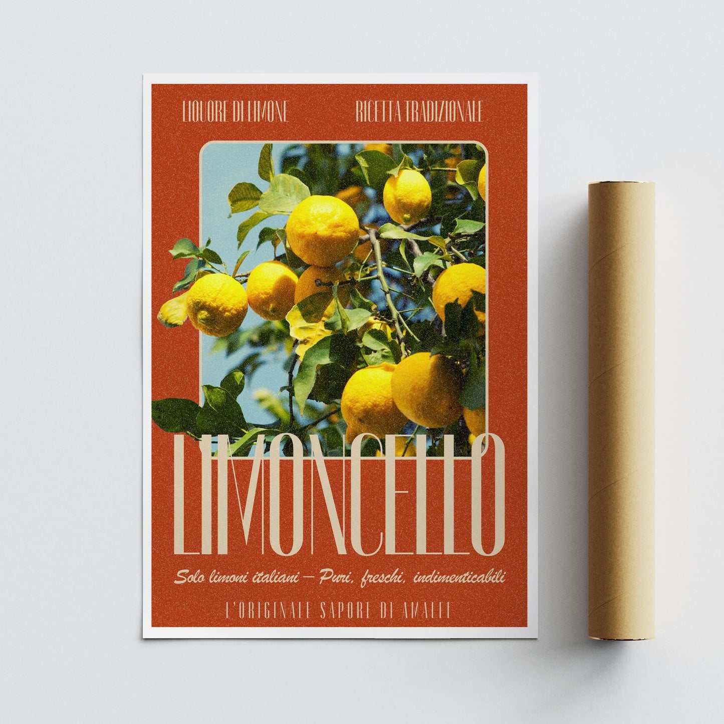 Vintage Limoncello Poster | Italian Lemon Tree Print, Amalfi Coast Citrus Wall Art, Rustic Red Limoncello Kitchen Decor, Summer Aesthetic