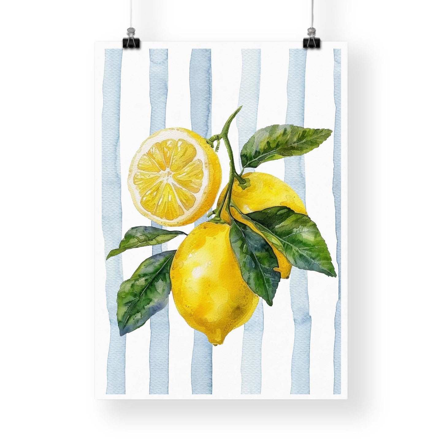 Watercolour Lemon Print | Italian Fruit Wall Art with Blue Stripes, Mediterranean Kitchen Decor, Coastal Botanical Poster, Summer Aesthetic