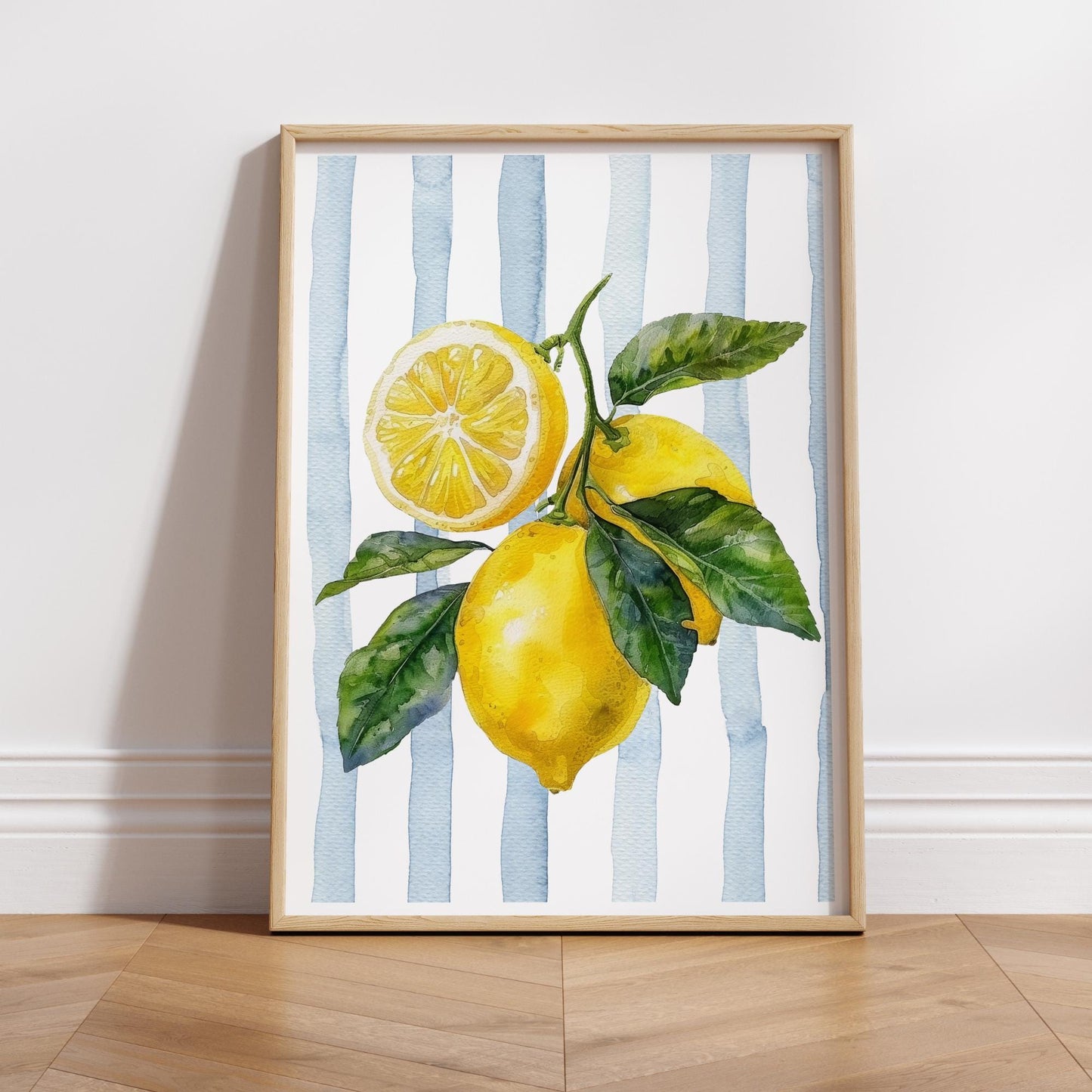 Watercolour Lemon Print | Italian Fruit Wall Art with Blue Stripes, Mediterranean Kitchen Decor, Coastal Botanical Poster, Summer Aesthetic