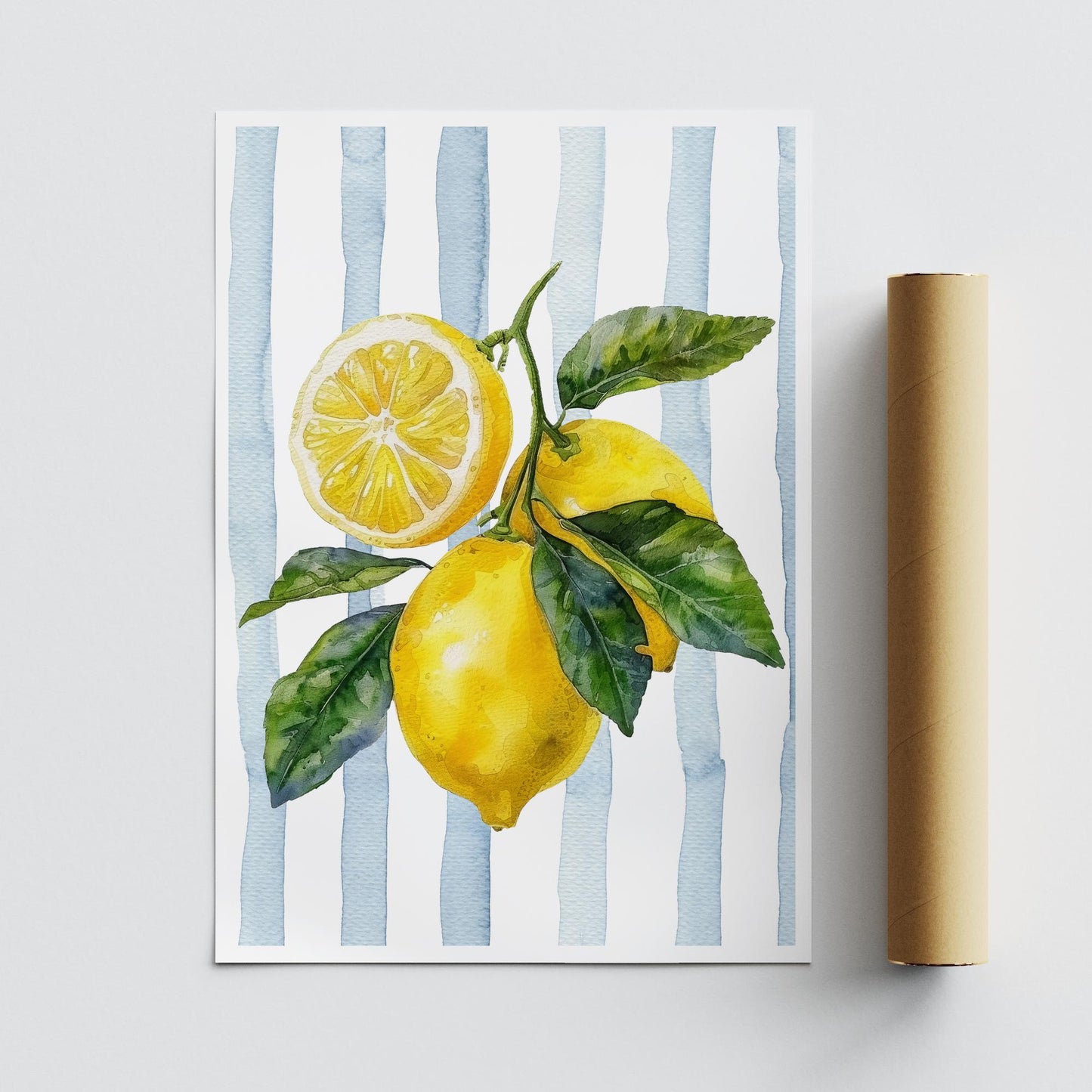 Watercolour Lemon Print | Italian Fruit Wall Art with Blue Stripes, Mediterranean Kitchen Decor, Coastal Botanical Poster, Summer Aesthetic