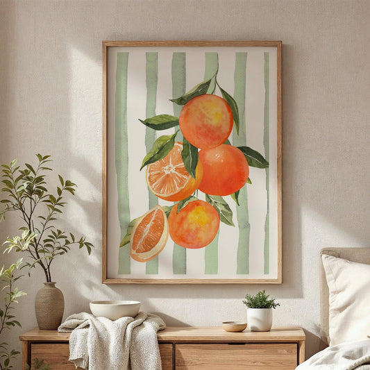 Watercolour Orange Art Print  Mediterranean Wall Art, Green Stripes, Fruit Kitchen Poster, Botanical Orange Illustration, Summer Aesthetic