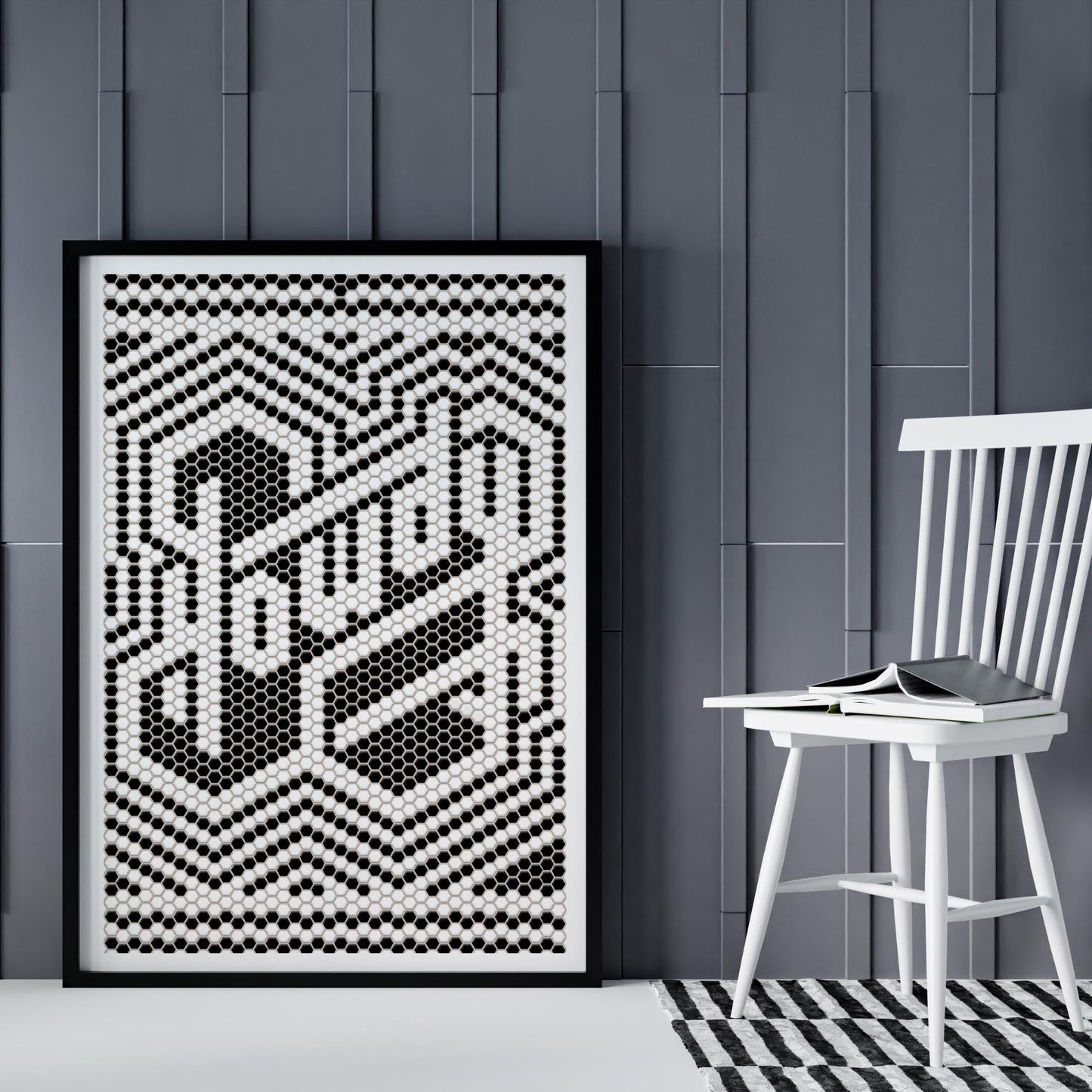 Howdy Mosaic Poster | Black and White Modern Home Decor, Hexagon Tile Print, Geometric Western Wall Art, Cowboy Theme Typography Decor