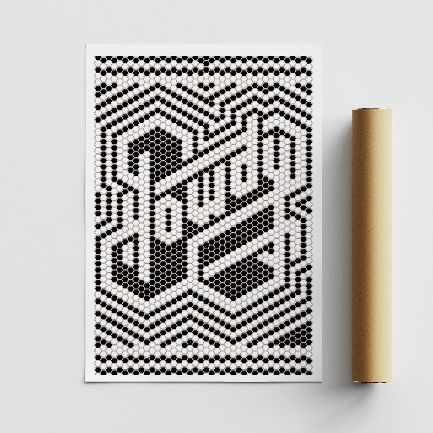 Howdy Mosaic Poster | Black and White Modern Home Decor, Hexagon Tile Print, Geometric Western Wall Art, Cowboy Theme Typography Decor