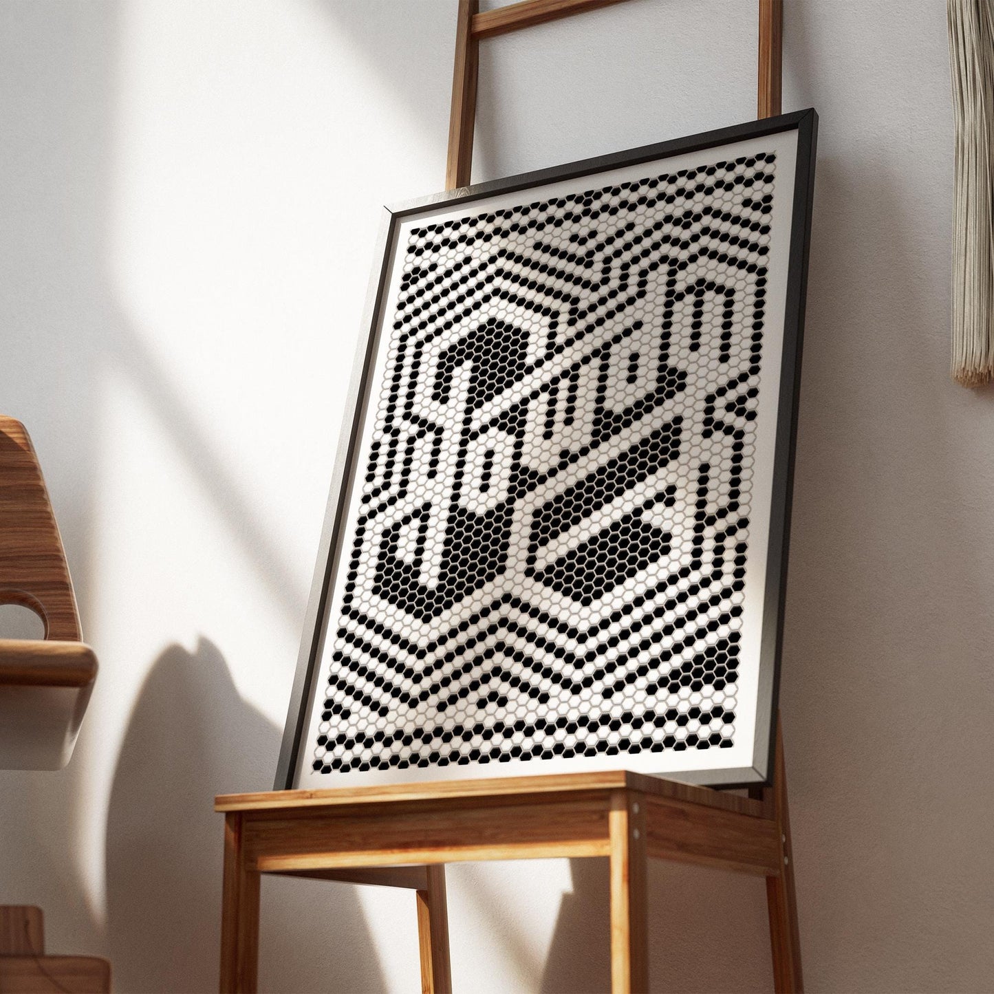 Howdy Mosaic Poster | Black and White Modern Home Decor, Hexagon Tile Print, Geometric Western Wall Art, Cowboy Theme Typography Decor