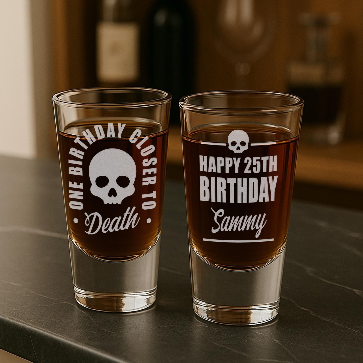 Personalised Birthday Shot Glass | Double-Sided Engraved Shot Glass  “One Birthday Closer to Death | Custom Birthday Gift for Him or Her