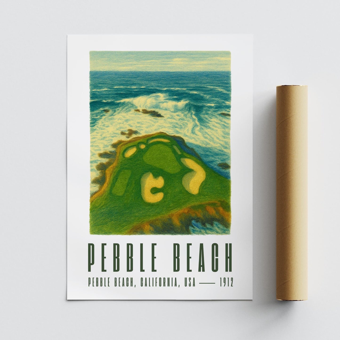 Pebble Beach Golf Poster | Illustrated Golf Course Man Cave Wall Art | Pebble Beach California Print | Golf Gift for Him | Father's Day Gift