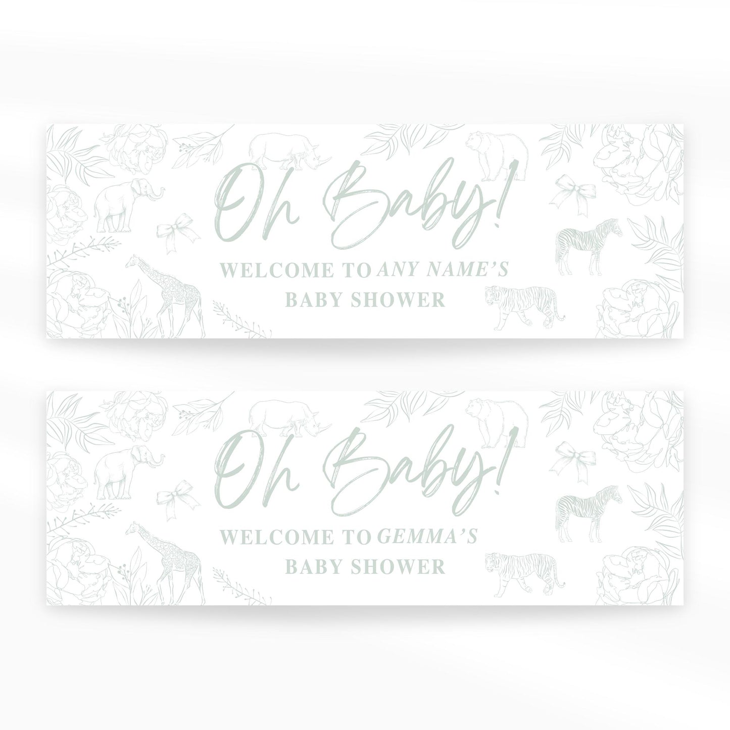 Personalised Baby Shower Banner | Custom “Oh Baby! Baby Shower Banner  Animal & Floral Sketch | Sage Green Gender Neutral Decoration