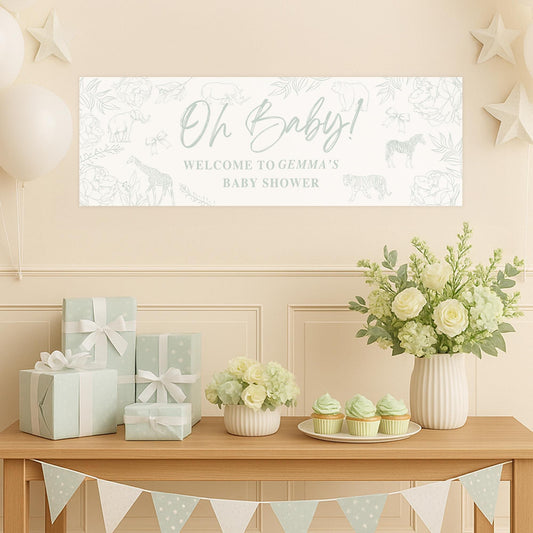 Personalised Baby Shower Banner | Custom “Oh Baby! Baby Shower Banner  Animal & Floral Sketch | Sage Green Gender Neutral Decoration