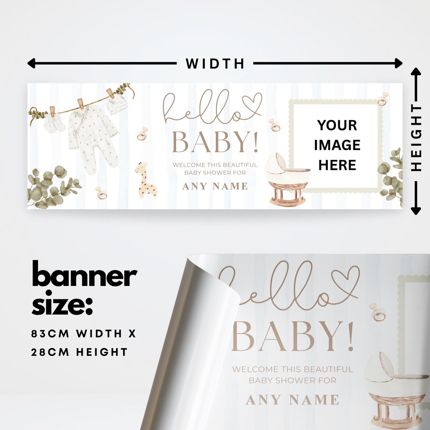 Personalised Baby Shower Banner   Custom “Hello Baby Baby Shower Decor  Add a Name & Photo | Soft Watercolour | Gender Neutral Decoration