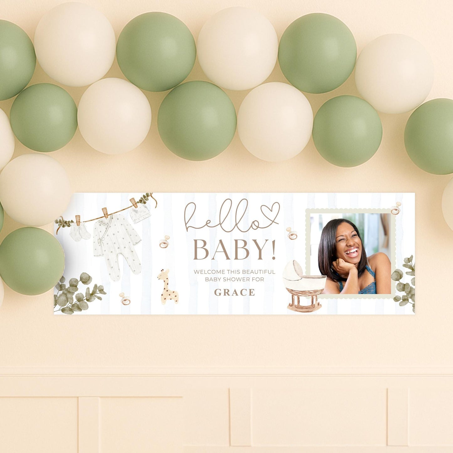 Personalised Baby Shower Banner   Custom “Hello Baby Baby Shower Decor  Add a Name & Photo | Soft Watercolour | Gender Neutral Decoration