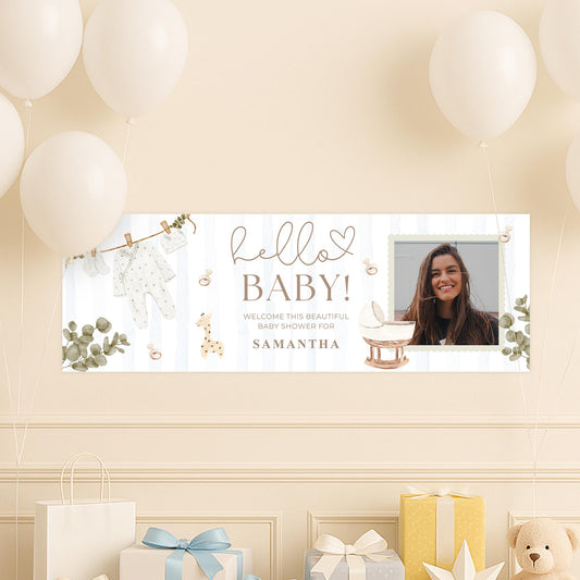 Personalised Baby Shower Banner   Custom “Hello Baby Baby Shower Decor  Add a Name & Photo | Soft Watercolour | Gender Neutral Decoration