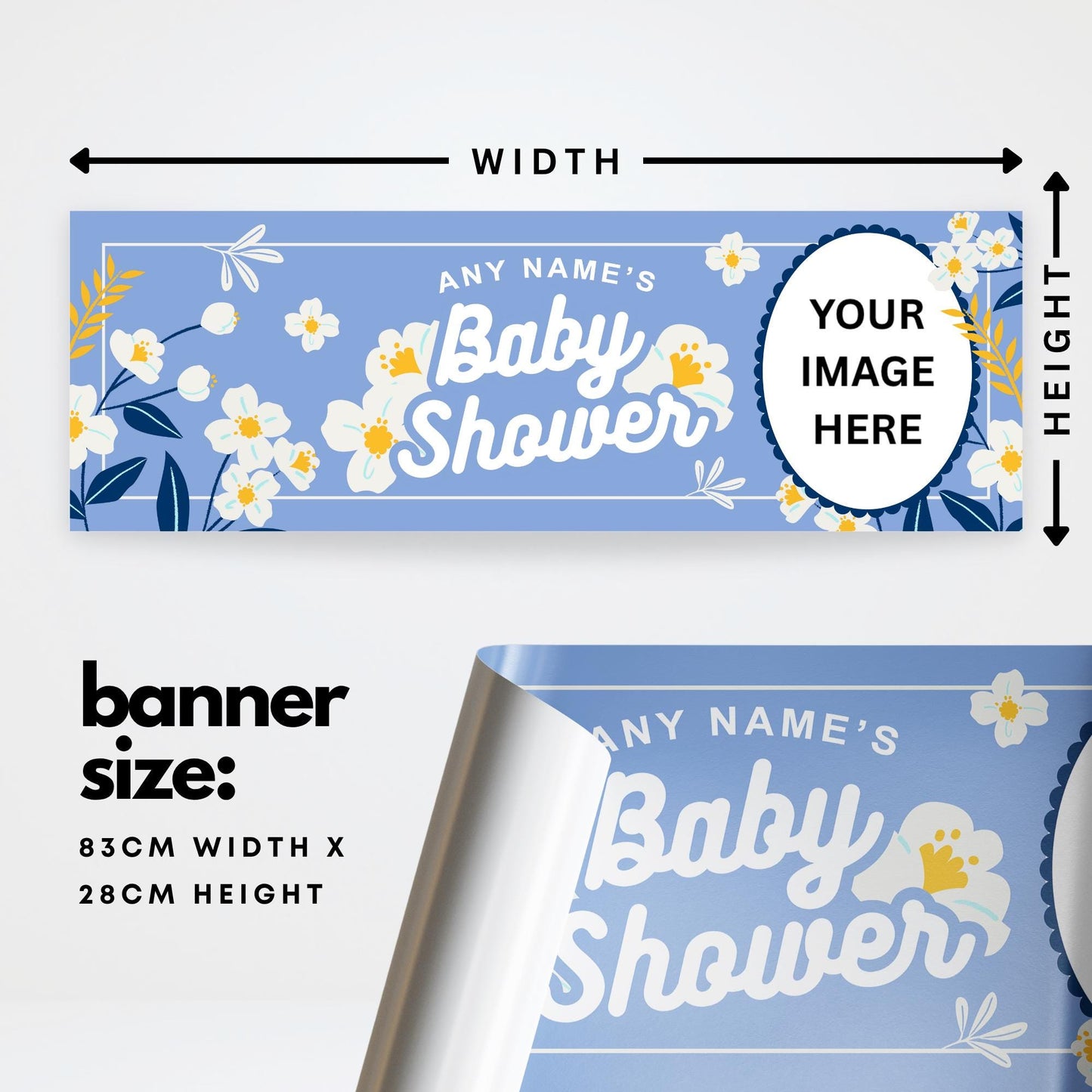 Personalised Baby Shower Banner | Bold Floral Baby Shower Banner | Custom with Name and Photo | Blue & Yellow | Summer Party Decorations