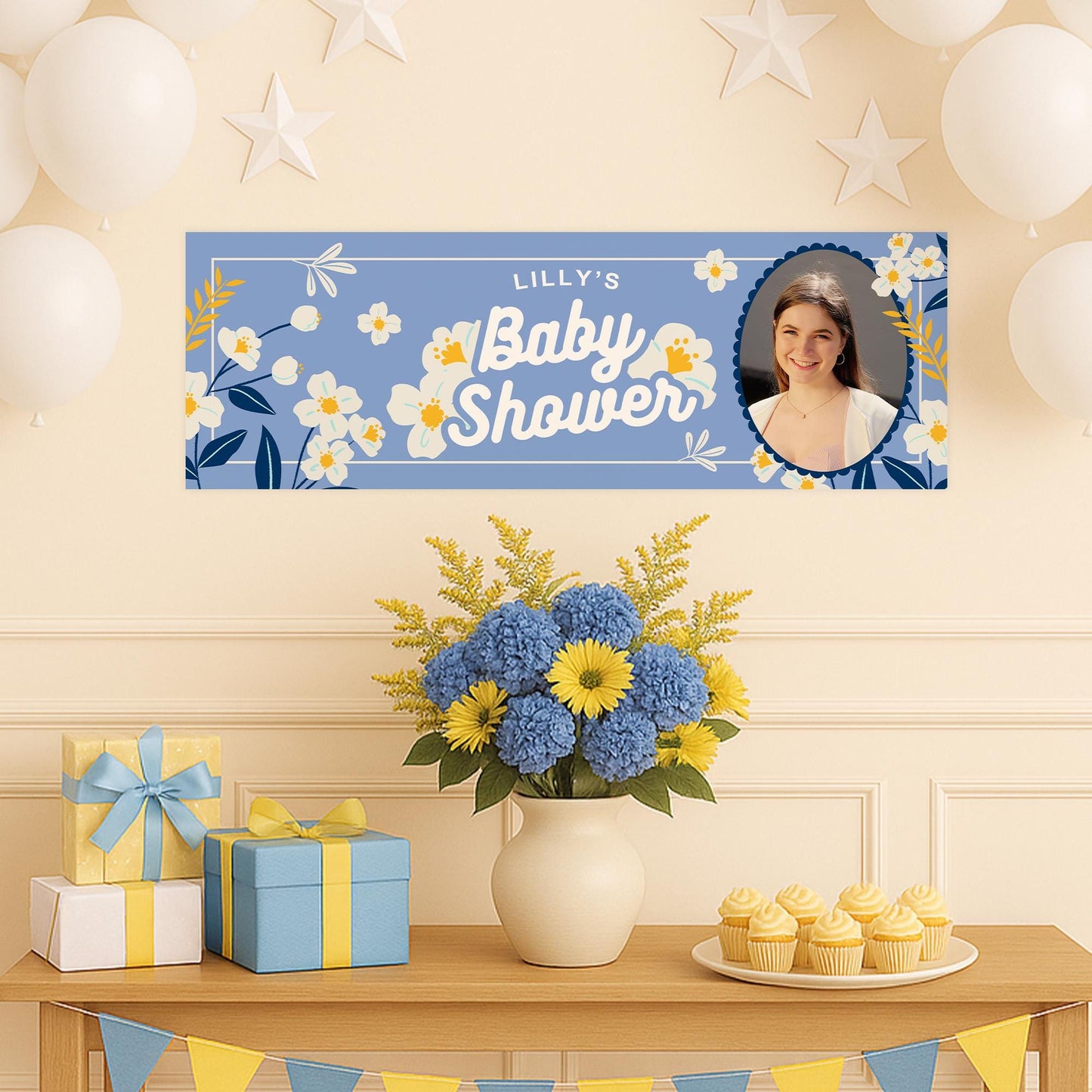 Personalised Baby Shower Banner | Bold Floral Baby Shower Banner | Custom with Name and Photo | Blue & Yellow | Summer Party Decorations