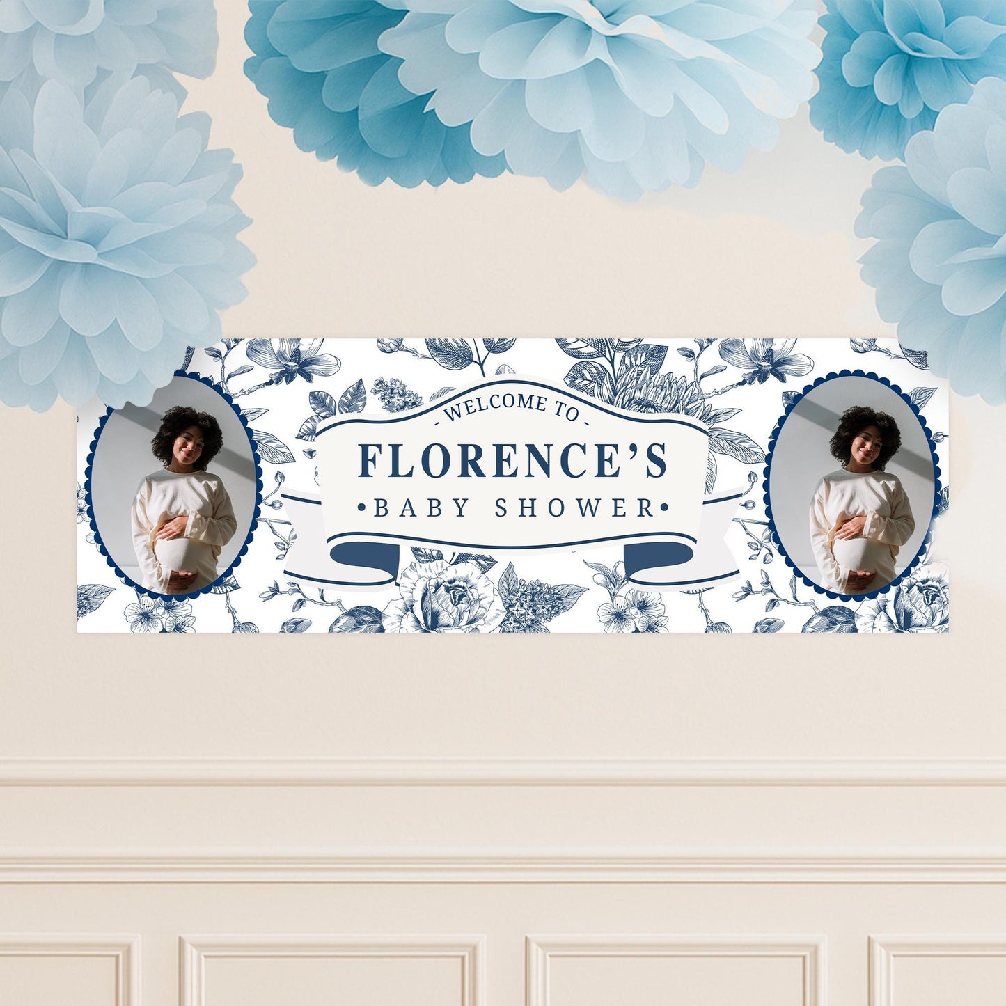 Personalised Baby Shower Banner | Blue Botanical Baby Shower Decor | Custom Name & 12 Photos | Elegant Navy Floral Design | Party backdrop