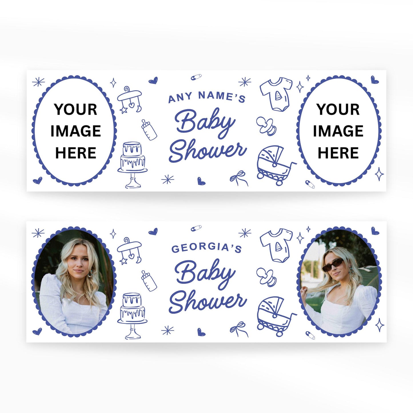 Personalised Baby Shower Banner | Baby Shower Doodles Banner | Custom Name & 12 Photos | Playful Line Art | Blue coquette Party backdrop